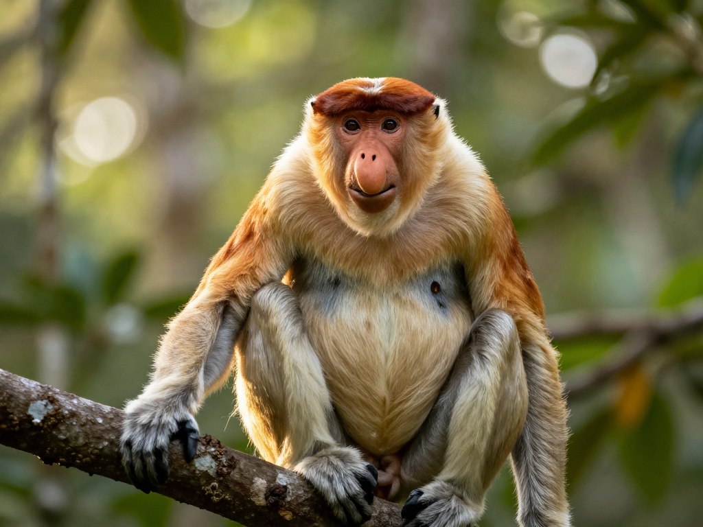 Proboscis monkey sitting on tree branch in Sabah rainforest with morning sunlight