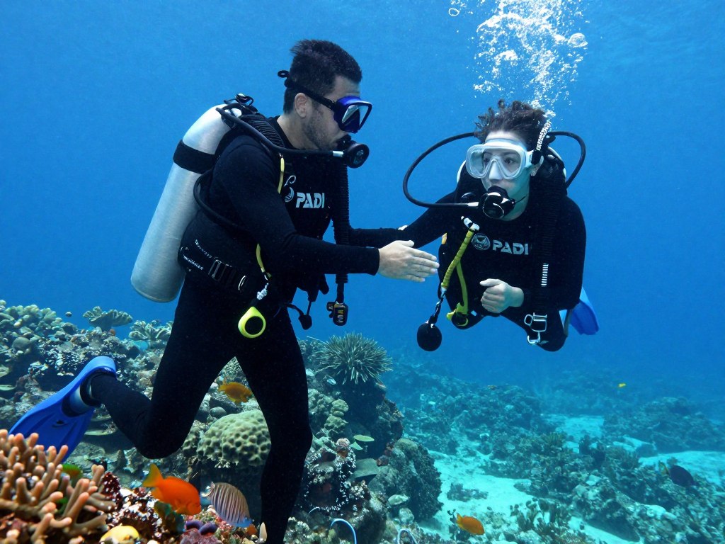 Professional dive instructor teaching student underwater with tropical fish around