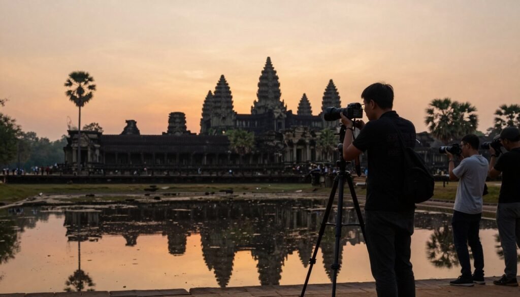 Professional photographer capturing Angkor Wat sunrise with camera equipment