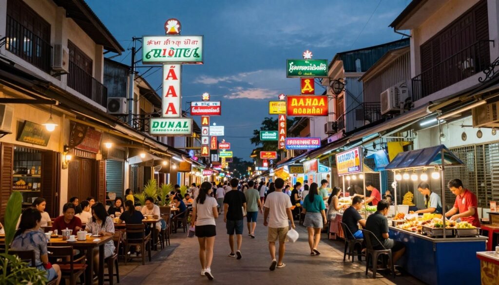 Pub Street in Siem Reap at night with colorful lights and crowds Pub Street in Siem Reap at night with colorful lights and crowds