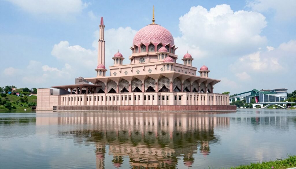 Putrajaya pink mosque reflected in lake waters