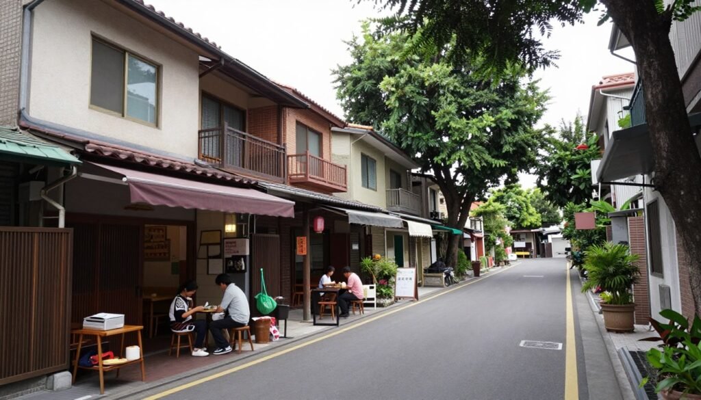 Quiet local neighborhood street in Taipei with small shops Quiet local neighborhood street in Taipei with small shops