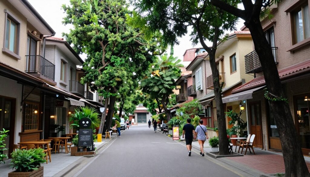 Quiet residential street in Da'an District with trees and local shops Quiet residential street in Da'an District with trees and local shops