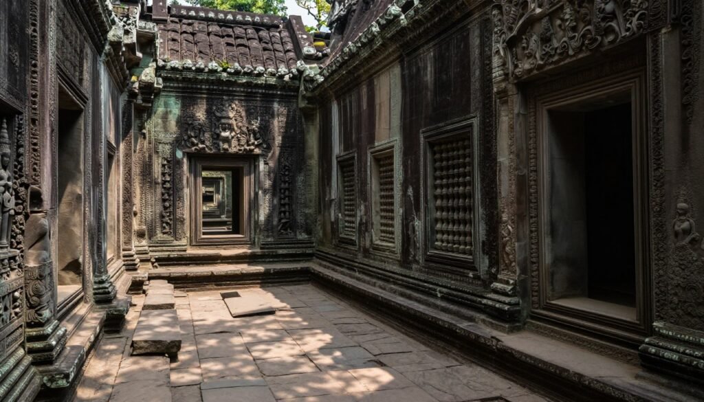 Quiet temple corridor at lesser-visited Angkor temple