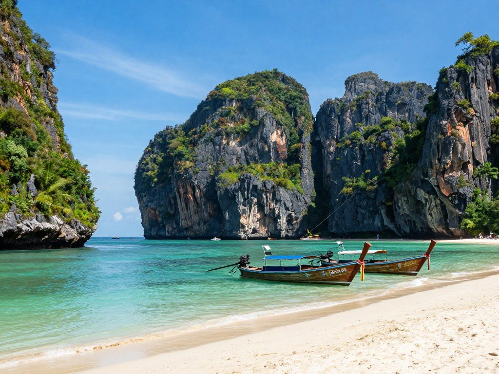 Railay Beach Thailand with dramatic limestone cliffs, clear blue water, and long-tail boats Railay Beach Thailand with dramatic limestone cliffs, clear blue water, and long-tail boats