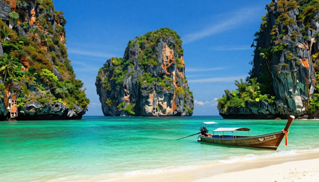 Railay Beach limestone cliffs and turquoise water with longtail boats