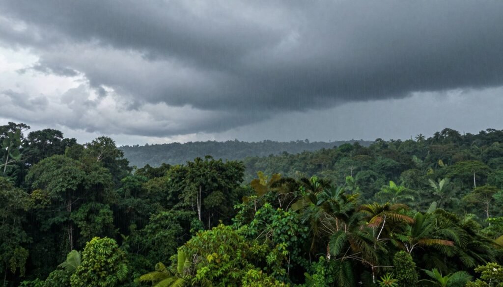 Rain shower over Sarawak rainforest
