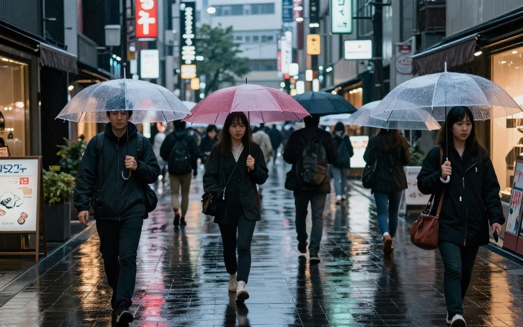 Rainy Tokyo street with pedestrians using umbrellas