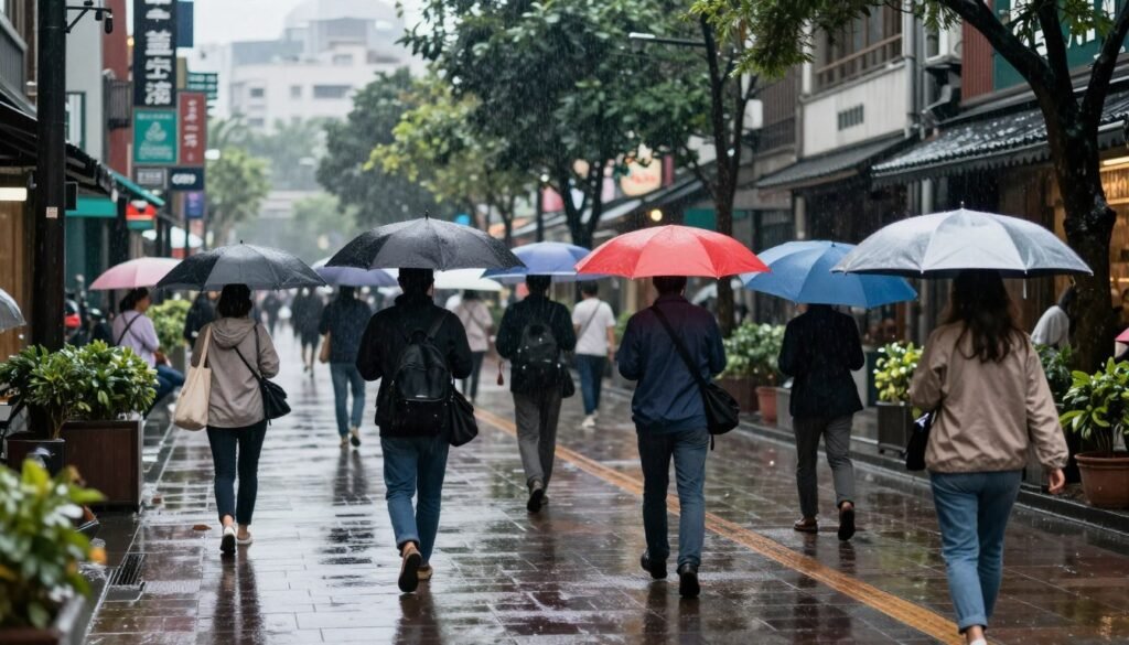 Rainy street scene in Taipei with colorful umbrellas