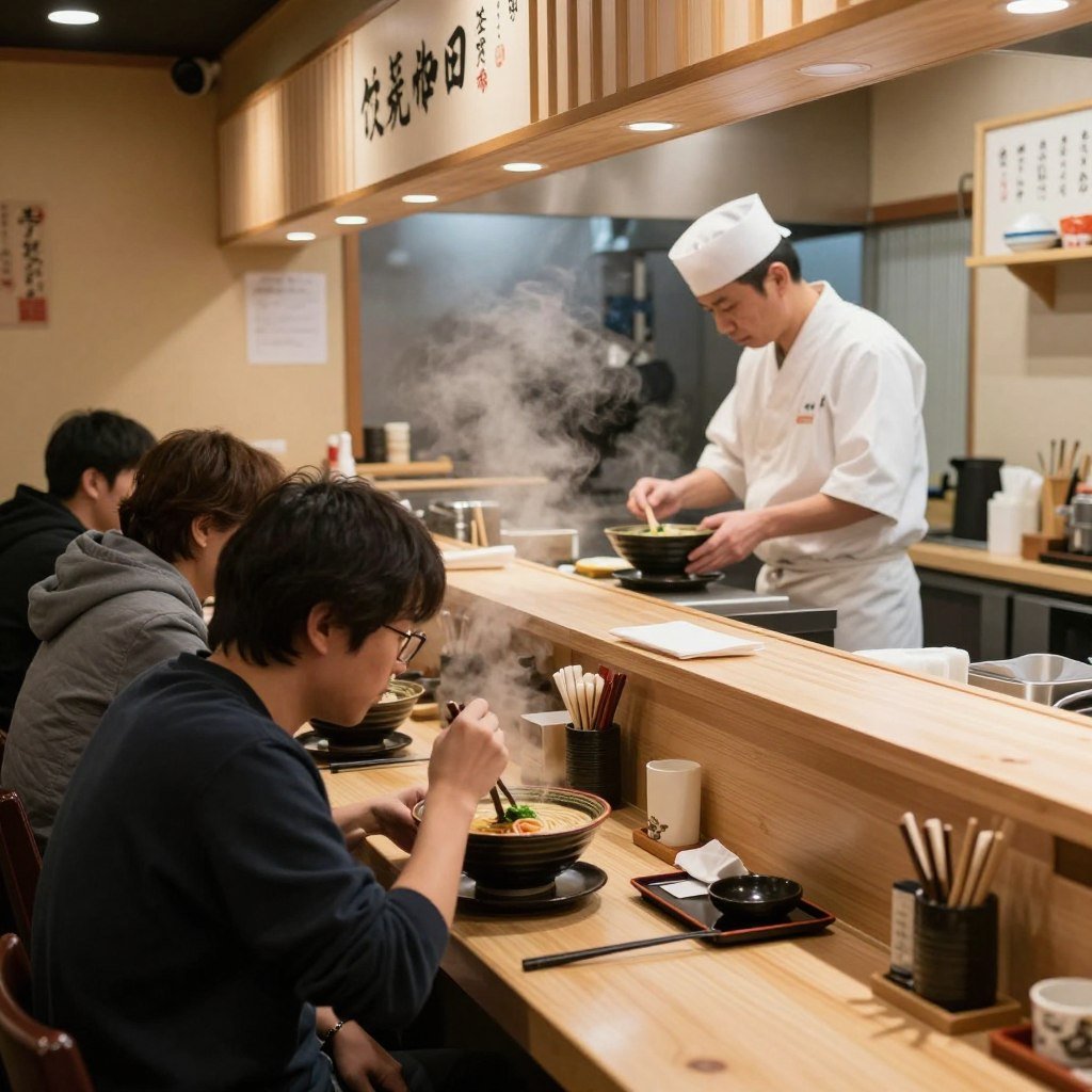 Ramen shop counter with customers eating