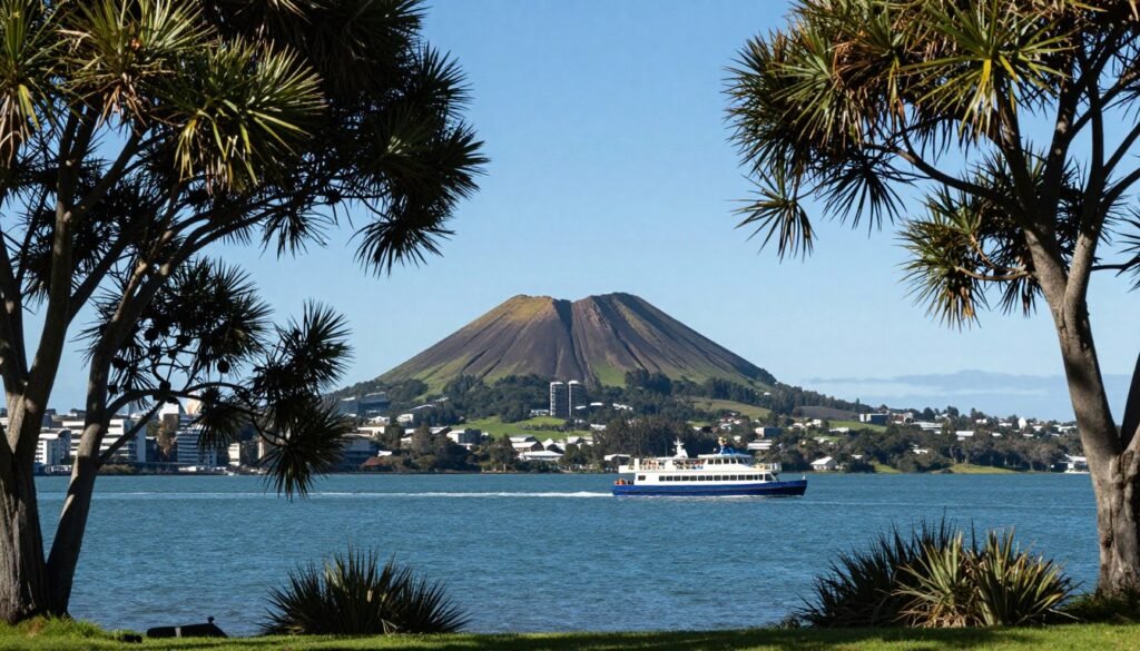 Rangitoto Island volcanic cone rising from Hauraki Gulf