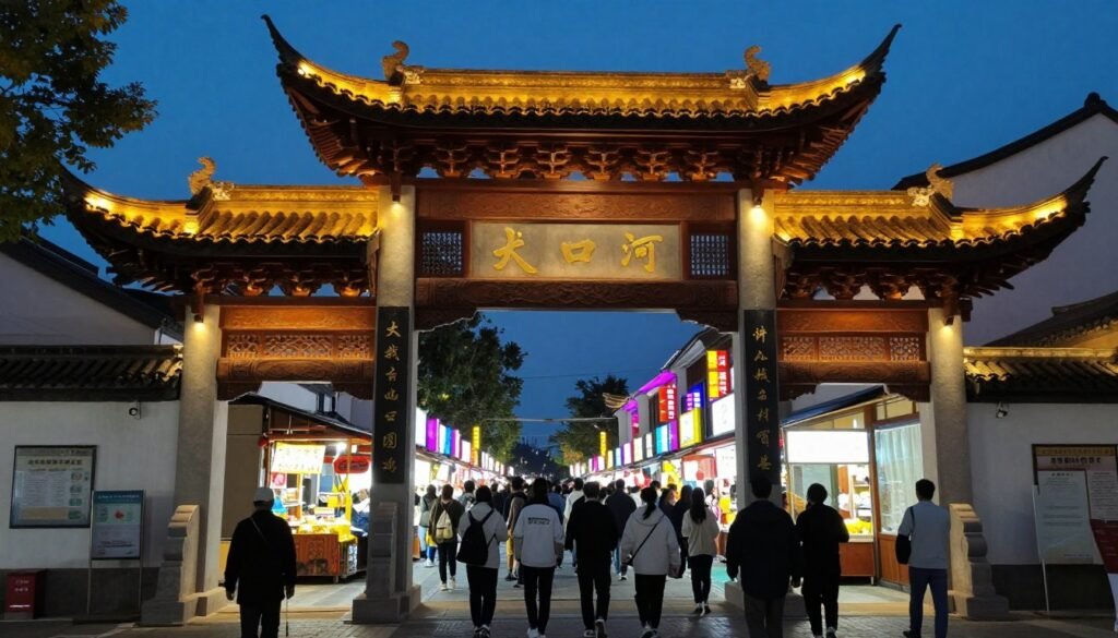 Raohe Night Market entrance with traditional archway and evening crowds Raohe Night Market entrance with traditional archway and evening crowds
