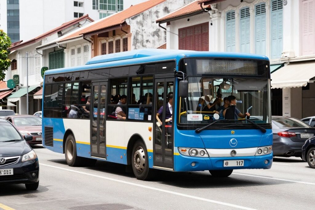 Rapid Penang bus on city street with passengers
