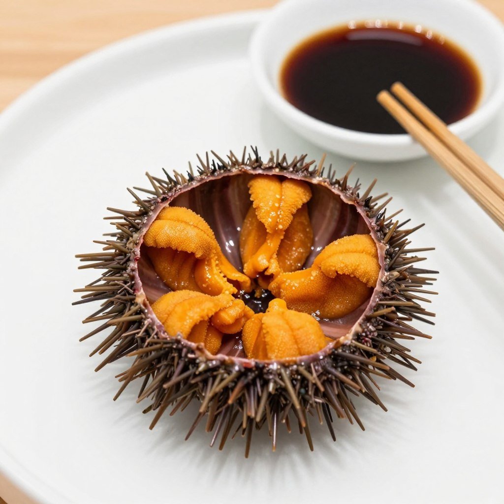 Raw urchin roe served in shell at Jeju restaurant