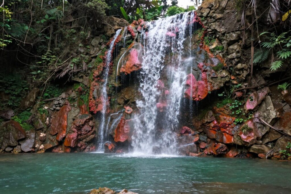 Red Coral waterfall with pink-tinted rocks and clear pool