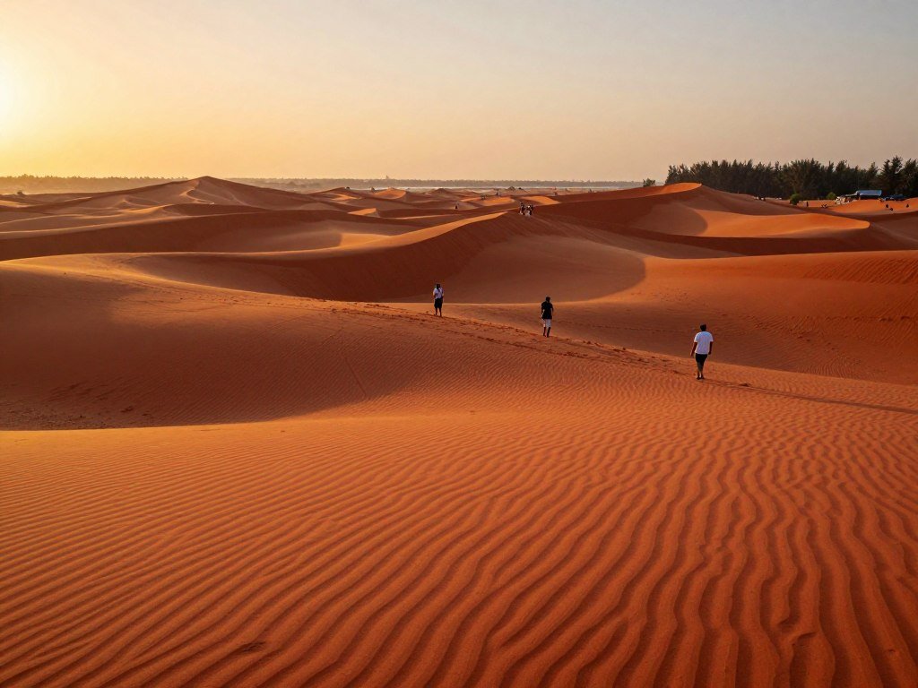 Red sand dunes of Mui Ne with tourists walking during golden hour sunset