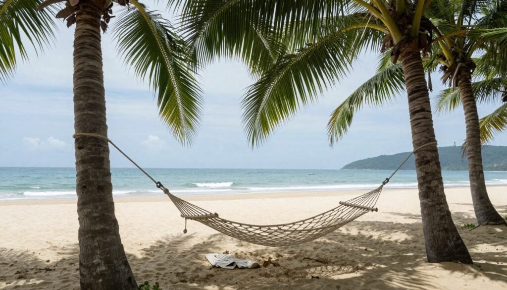 Relaxed beach scene with hammock between palm trees