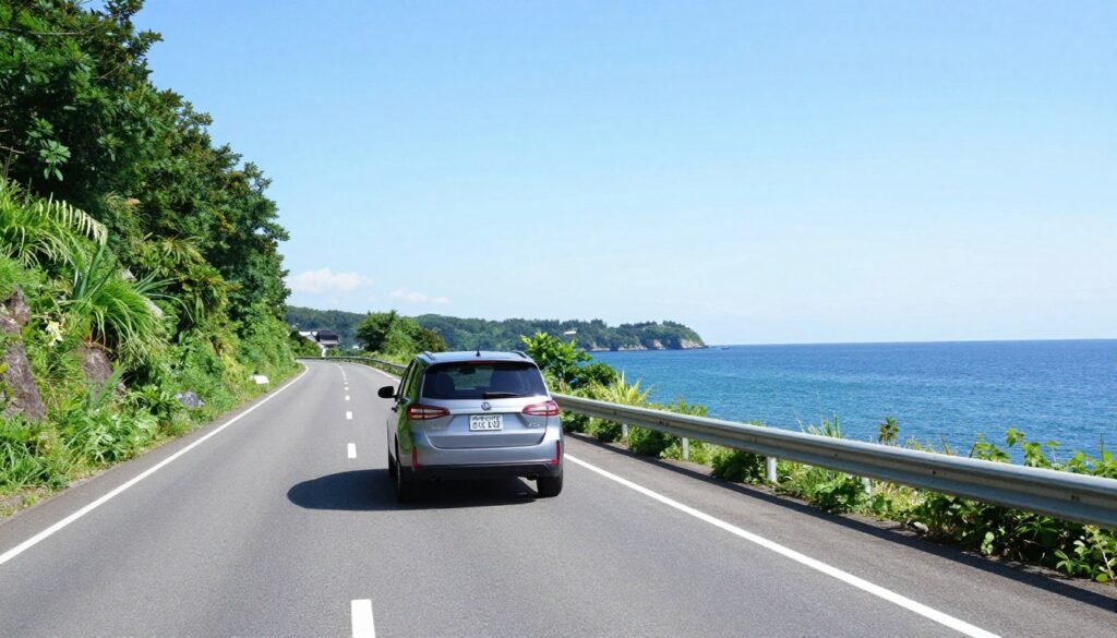 Rental car driving on scenic Hokkaido coastal road