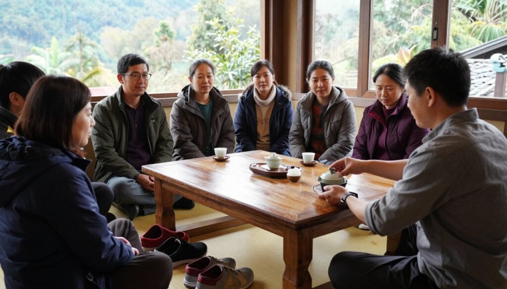 Respectful tourists enjoying Jiufen tea house experience with proper etiquette