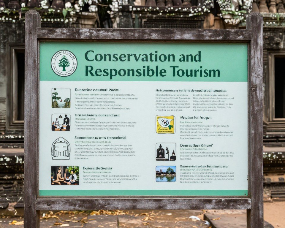 Responsible tourism sign at Angkor temple promoting conservation Responsible tourism sign at Angkor temple promoting conservation