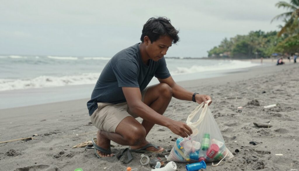 Responsible tourist cleaning up trash at Bali beach