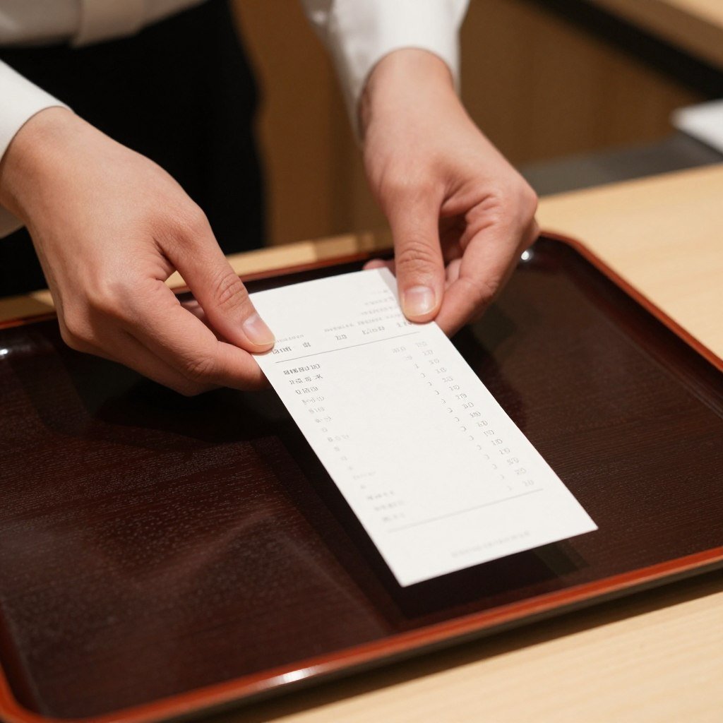 Restaurant bill on tray in Japan showing no tip line