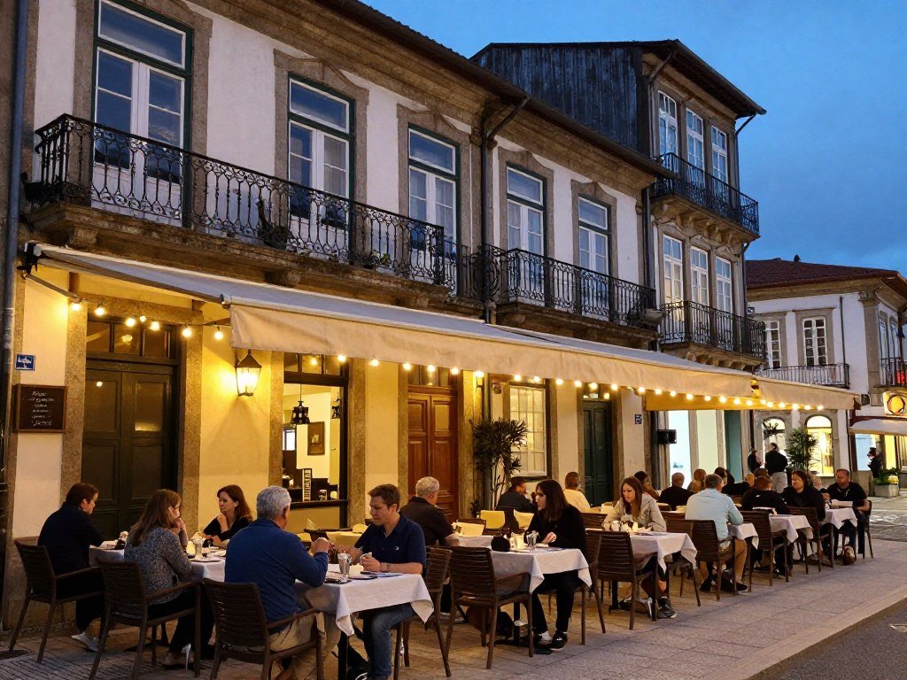 Restaurant terrace on Braga Street with colonial architecture view