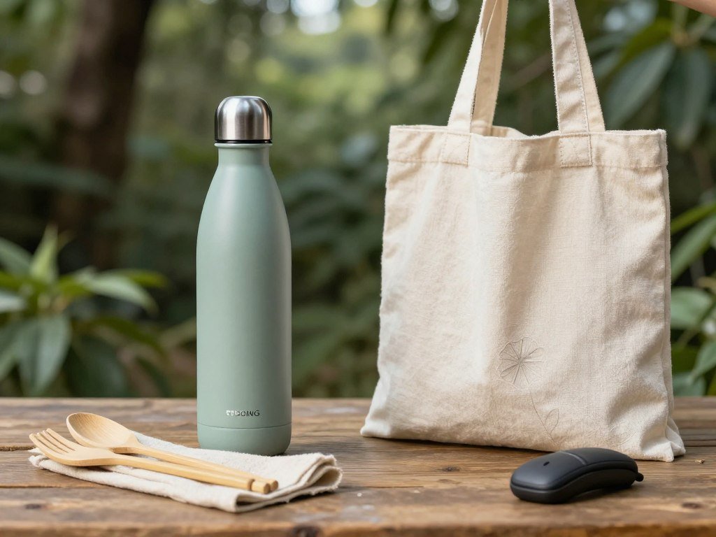 Reusable water bottle and eco-friendly travel items on wooden table