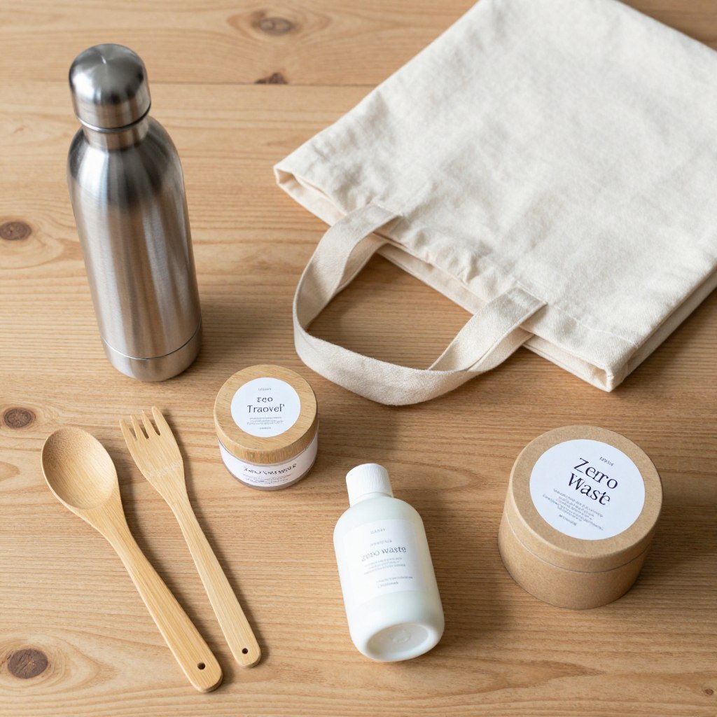 Reusable water bottle bamboo utensils sustainable travel gear zero waste