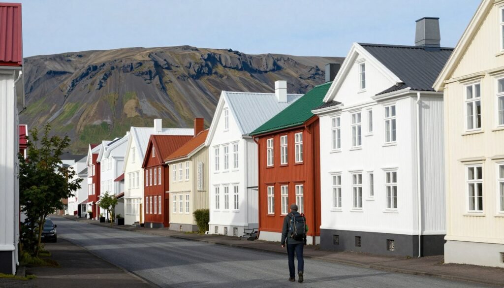 Reykjavik colorful houses with solo hiker