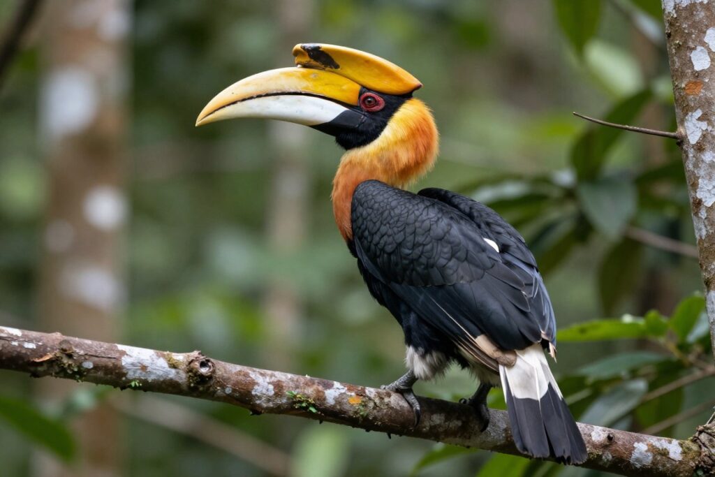 Rhinoceros hornbill perched on branch in Danum Valley rainforest