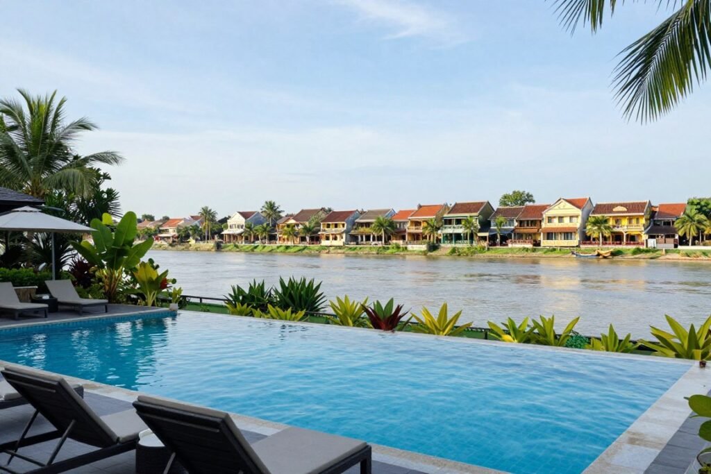 Riverside resort pool overlooking Thu Bon River Hoi An