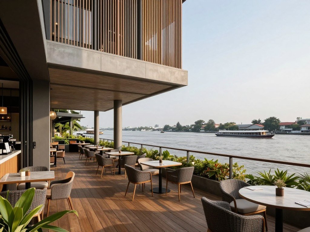 Riverside restaurant seating area with Chao Phraya river views at Jam Factory