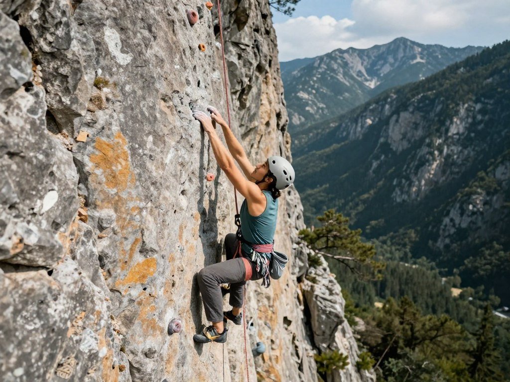 Rock climbers on outdoor cliff face in summer