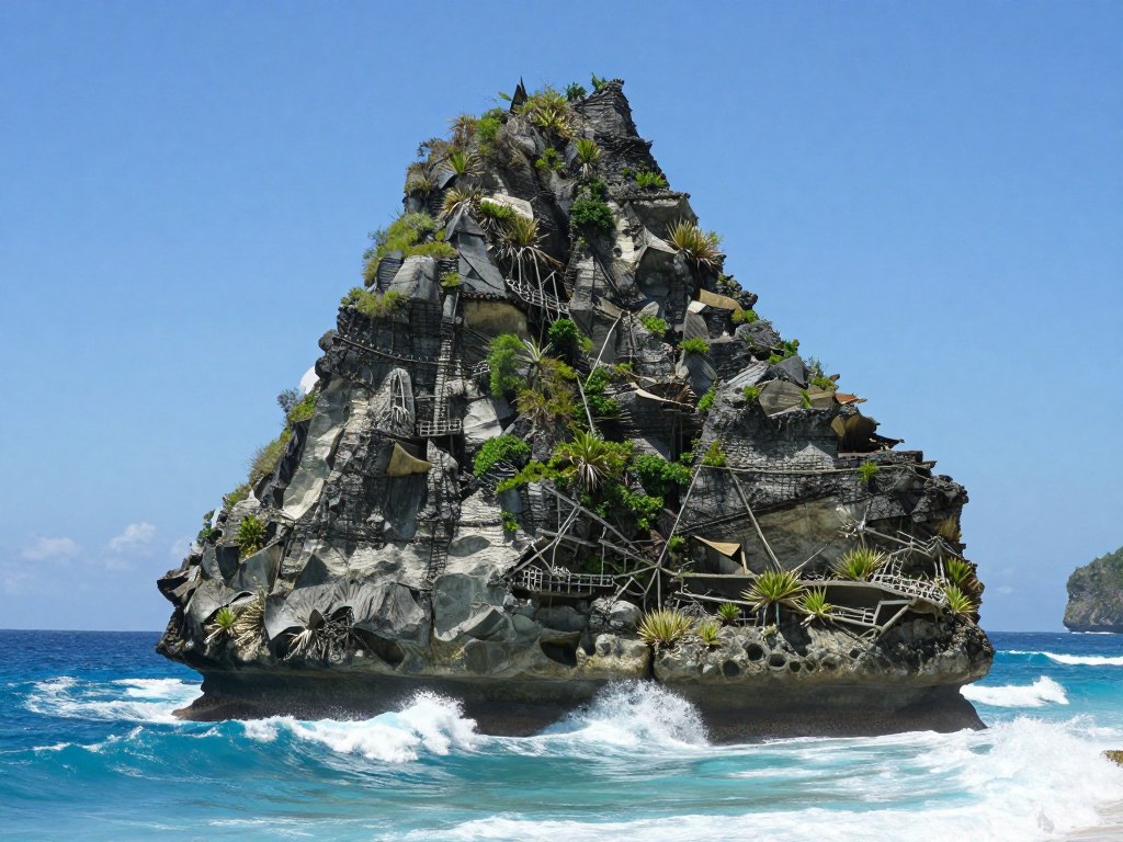 Rock formation rising from ocean at Atuh Beach