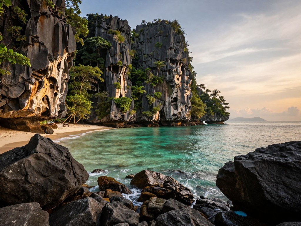 Rocky coastline and cliff formations at Bako
