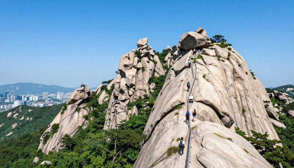Rocky mountain peaks of Bukhansan National Park with hiking trails and Seoul in distance