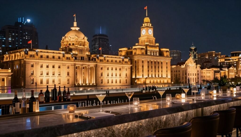 Rooftop bar view of illuminated Shanghai skyline at night