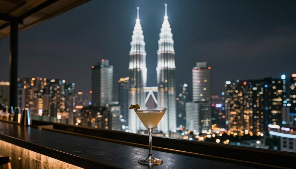 Rooftop bar view overlooking illuminated Kuala Lumpur skyline at night