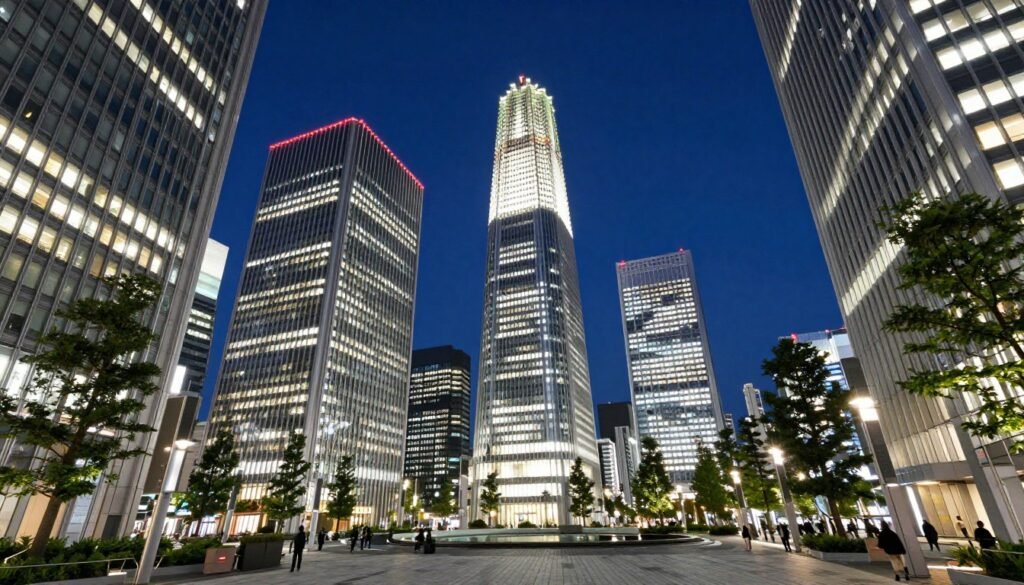 Roppongi Hills complex at night with illuminated buildings