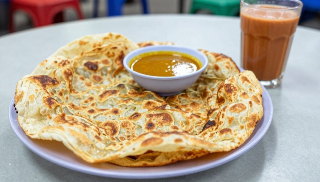 Roti canai flatbread with curry dipping sauce