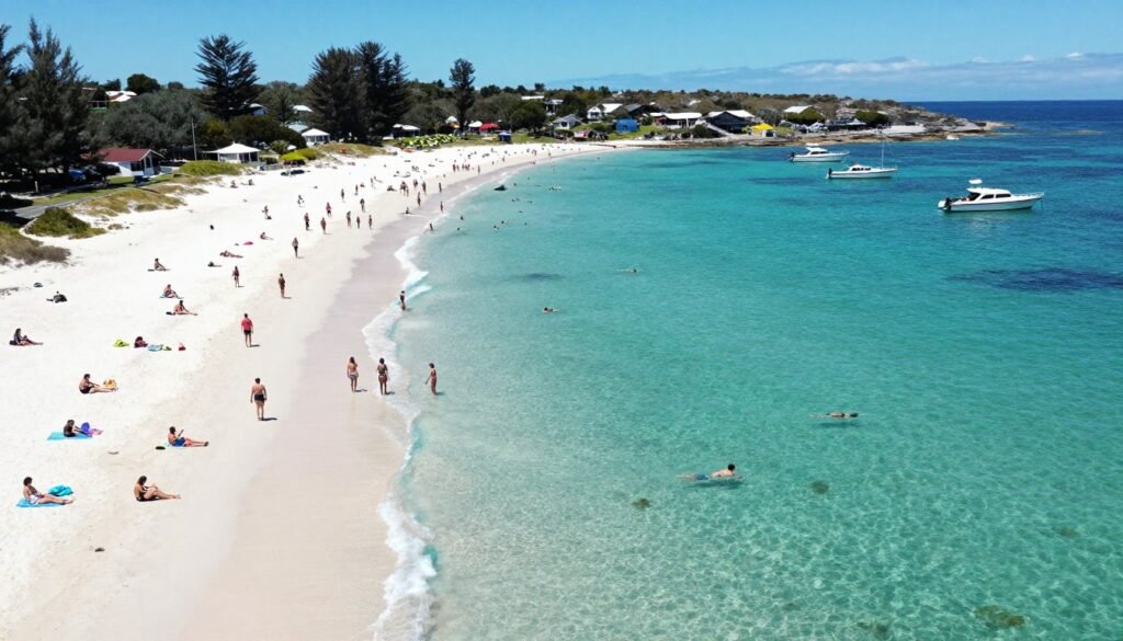 Rottnest Island beach crowded with summer visitors enjoying crystal clear water