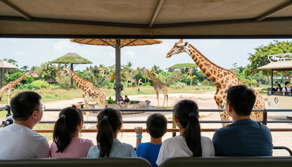 Safari bus with tourists observing giraffes at Vinpearl Safari