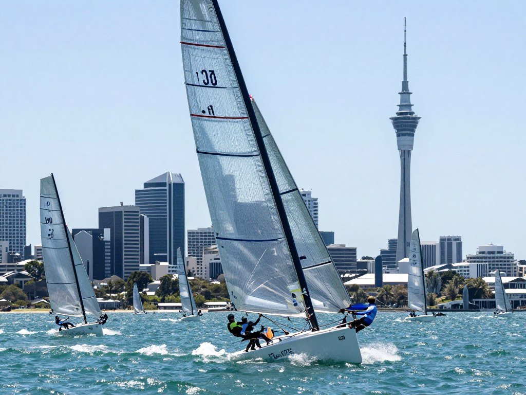 Sailing yacht on Auckland harbour with city backdrop
