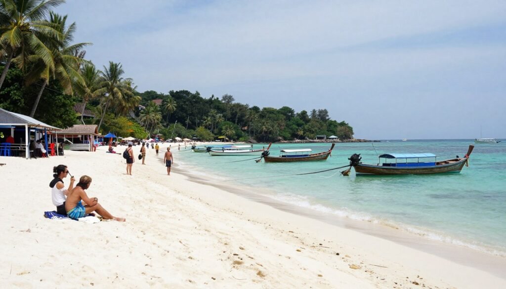 Sairee Beach Koh Tao with dive boats and palm trees Sairee Beach Koh Tao with dive boats and palm trees