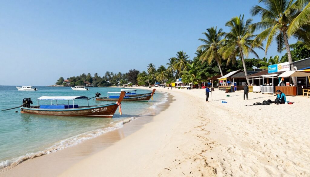 Sairee Beach Koh Tao with diving boats and palm trees