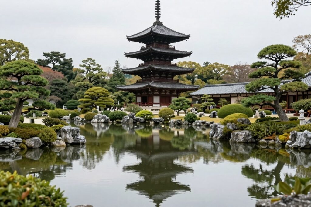 Sankeien Garden traditional pagoda with pond reflection