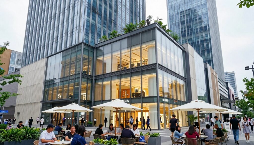 Sanlitun shopping district with modern architecture and street life Sanlitun shopping district with modern architecture and street life