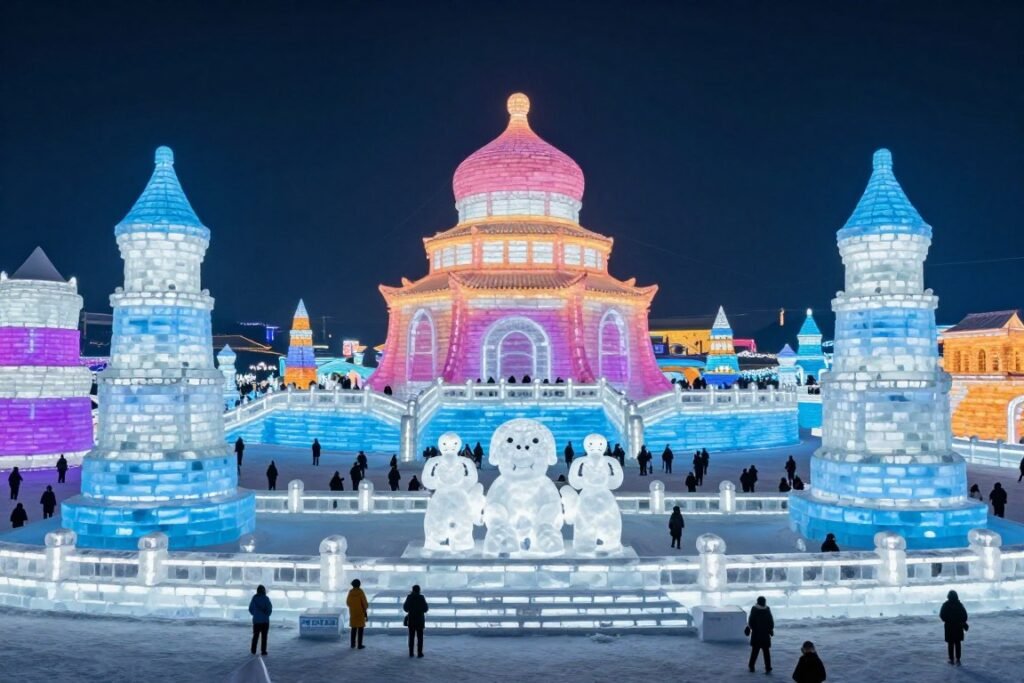 Sapporo Snow Festival ice sculptures at night