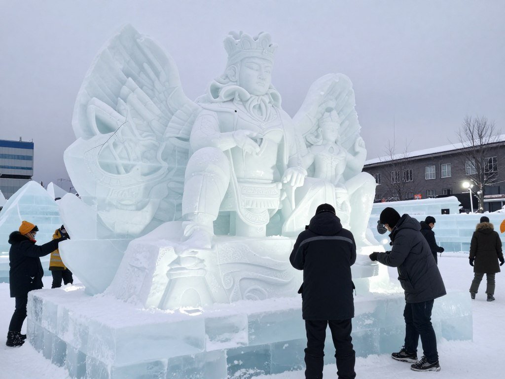 Sapporo Snow Festival preparation with ice carving